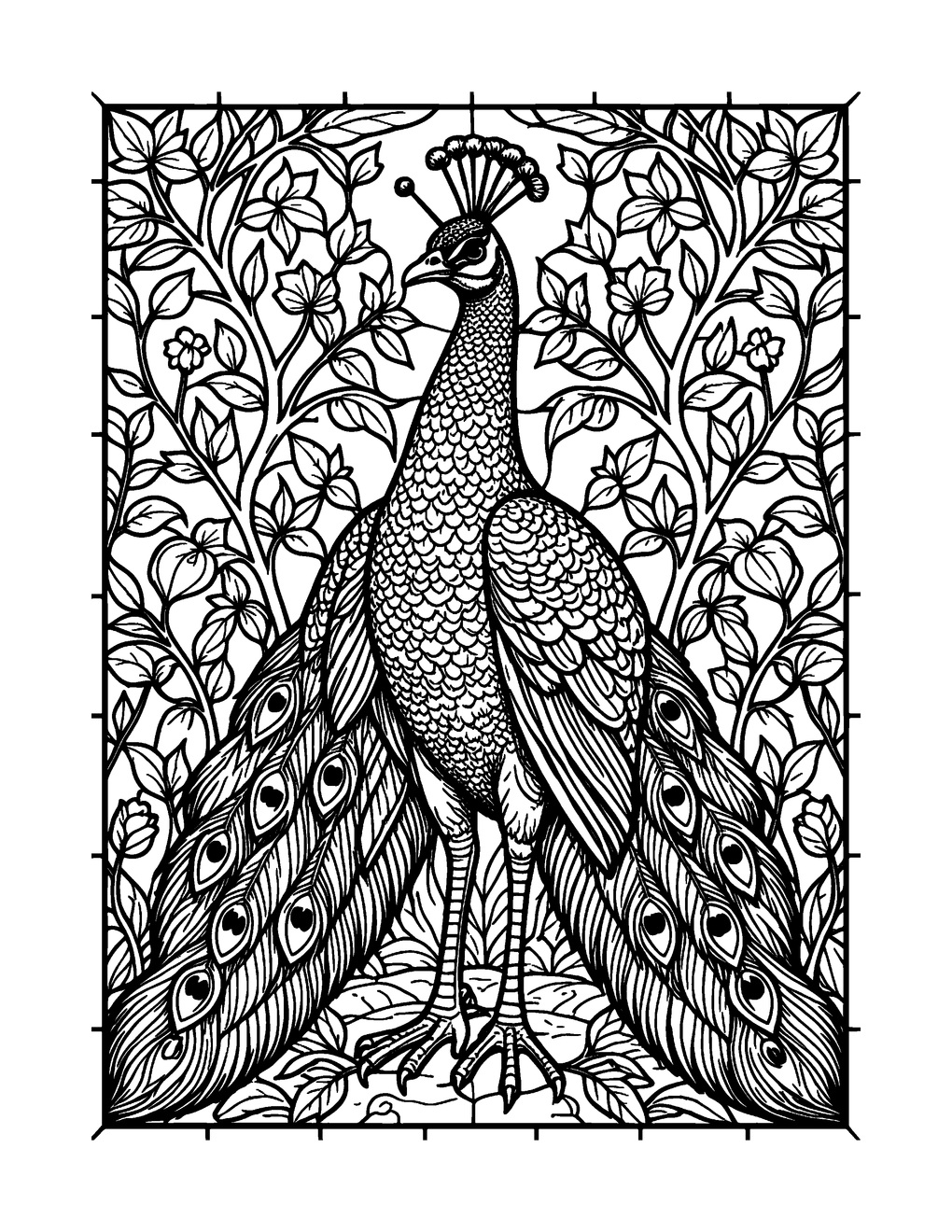 A stained glass panel of a peacock among vines