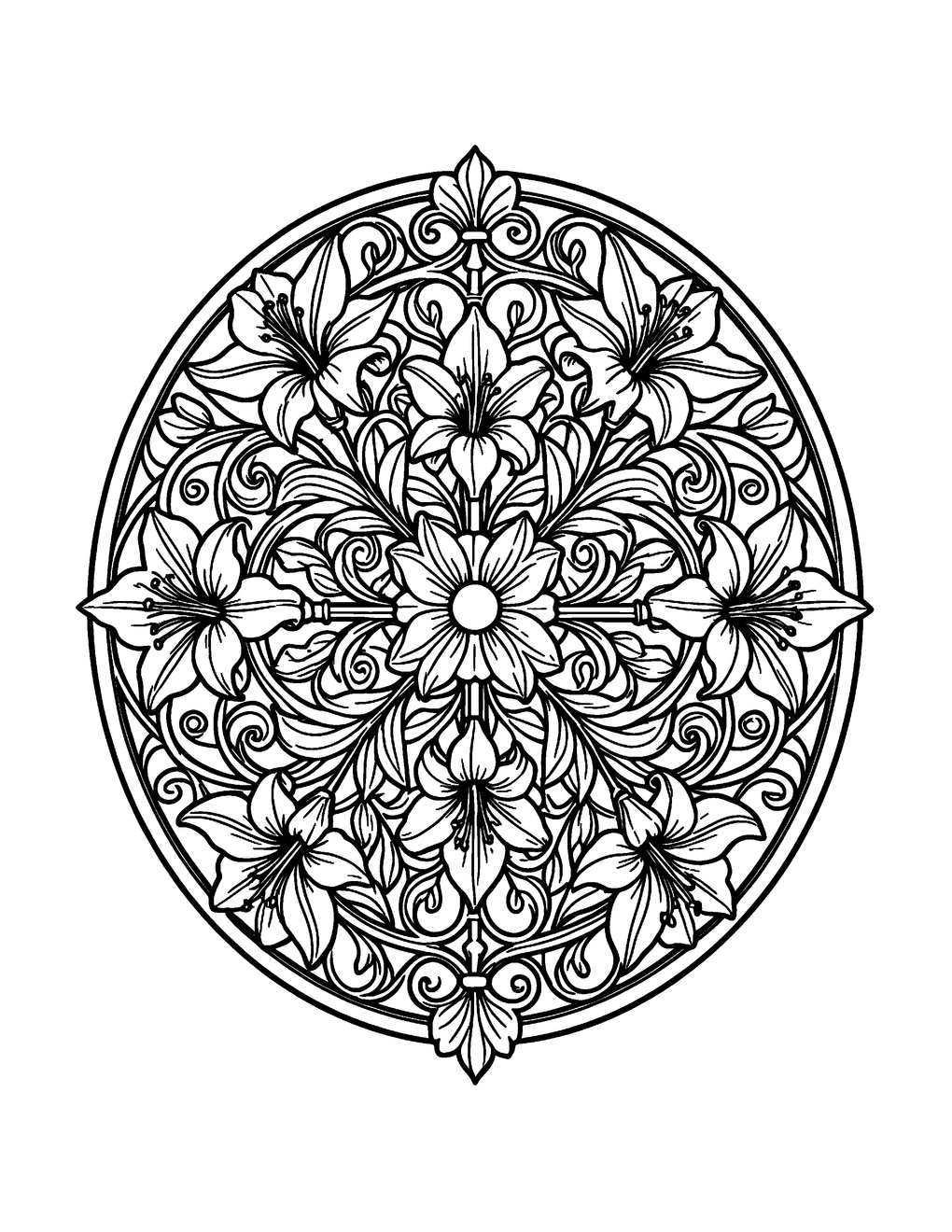 A decorative iron gate medallion with flowers