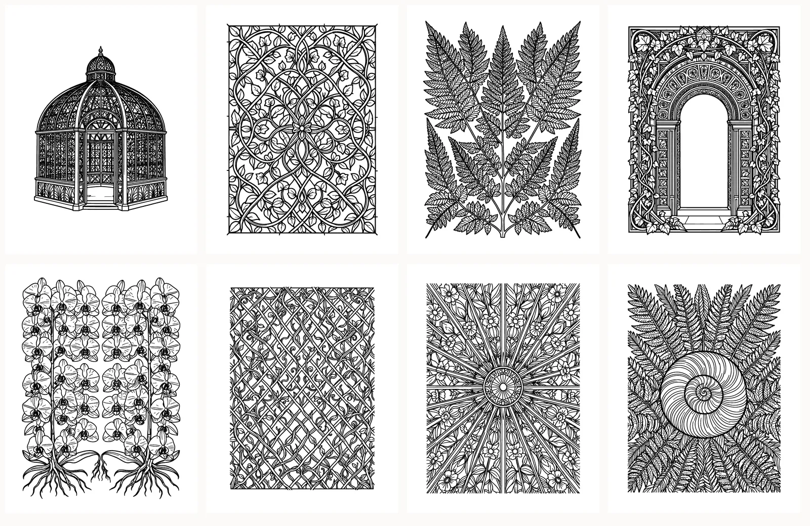 First eight pages of Art Nouveau Greenhouse as they appear in the PDF