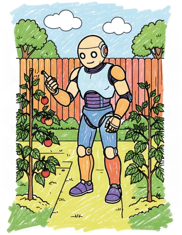 Backyard Robots — A robot waters tomato plants in a backyard garden