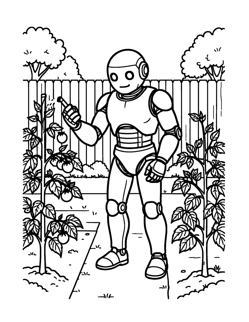 A robot waters tomato plants in a backyard garden