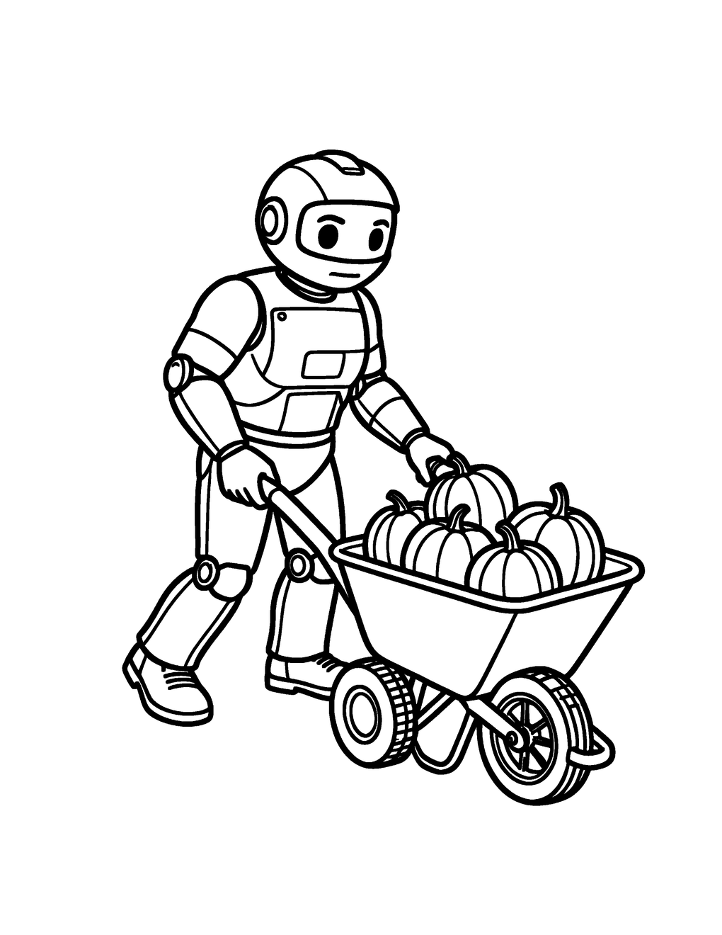 A garden robot pushes a wheelbarrow full of pumpkins