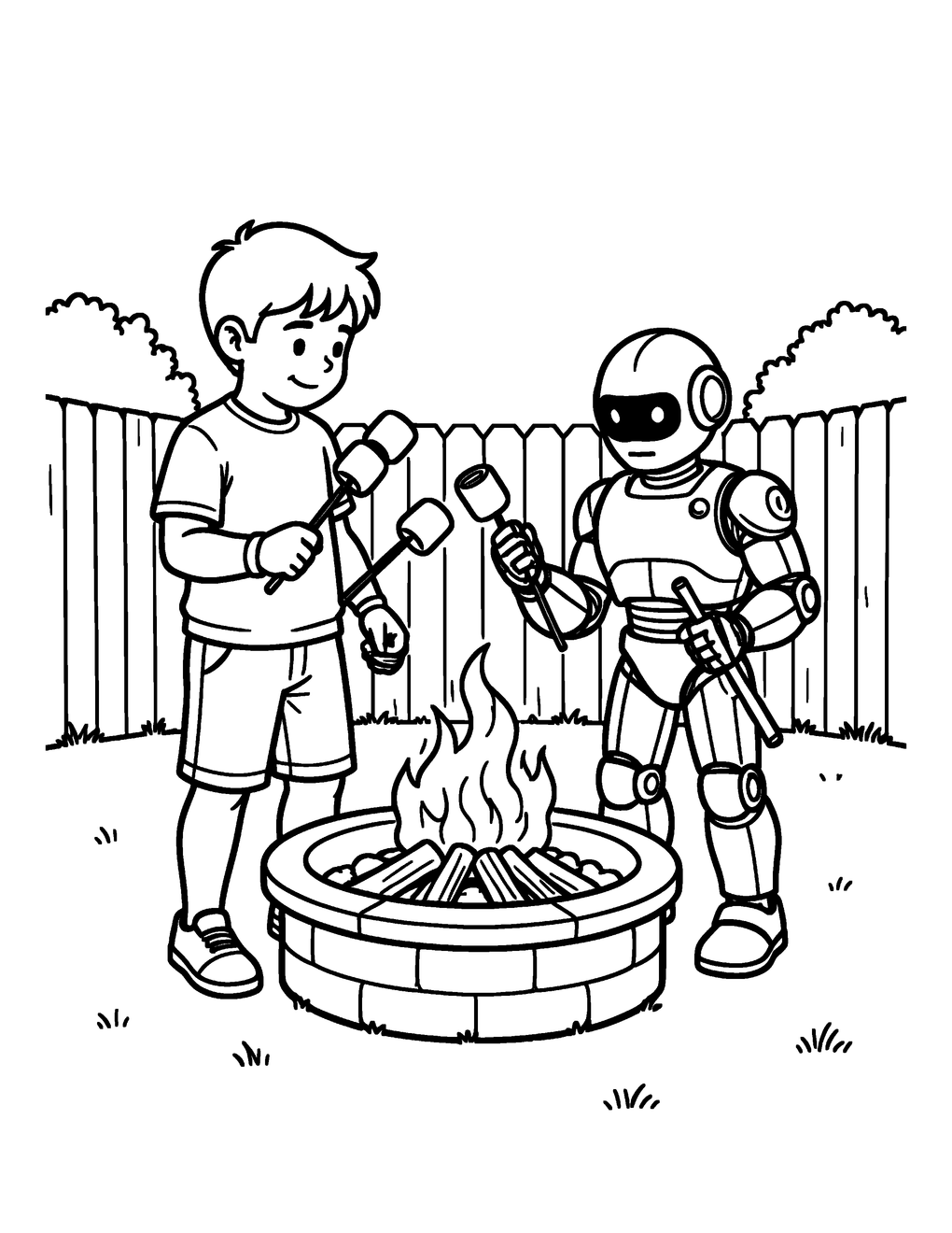 A kid and a robot roast marshmallows at a fire pit