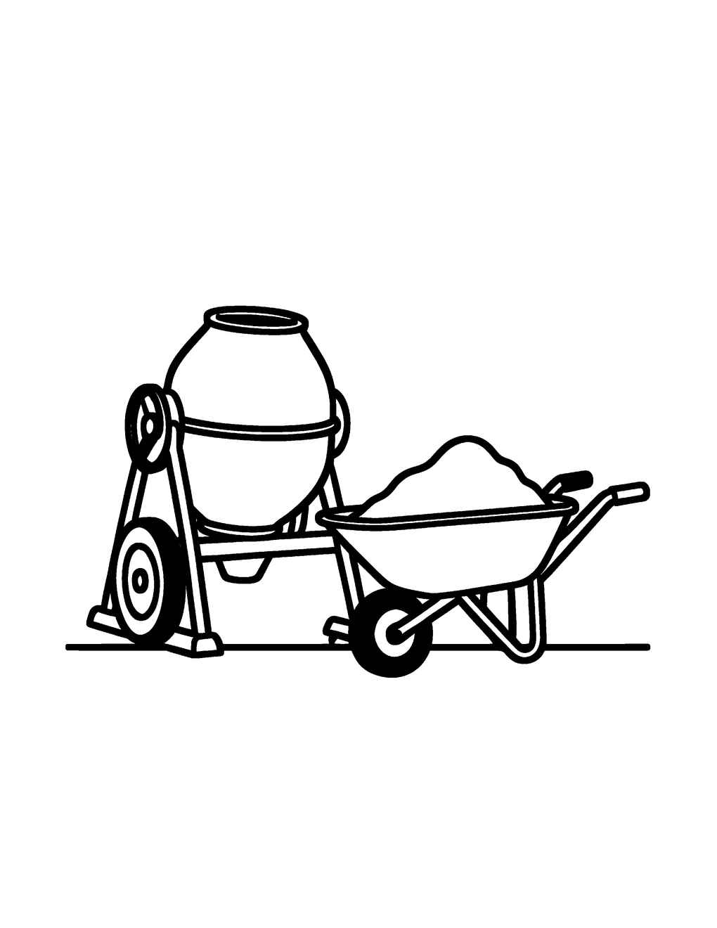 A cement mixer beside a wheelbarrow of sand