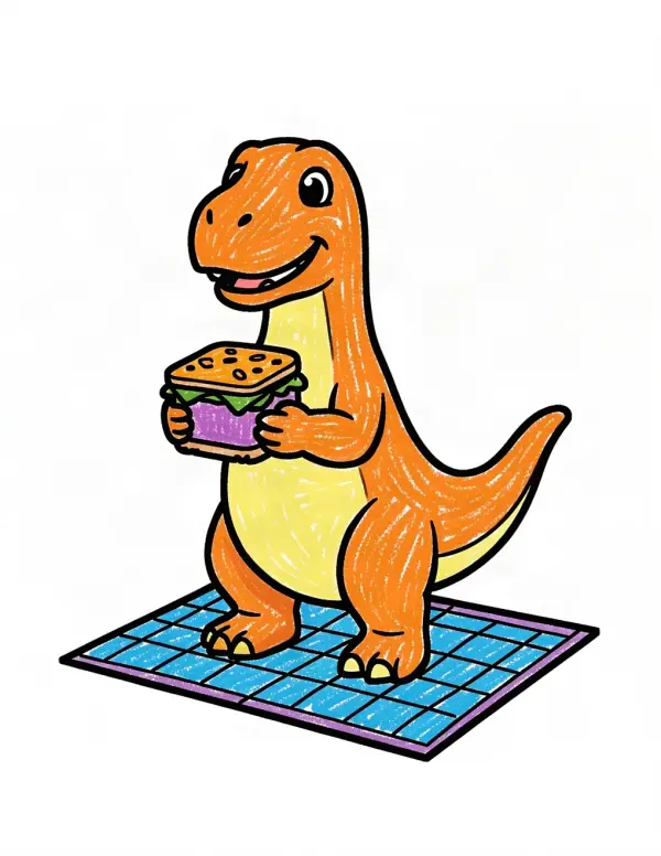Dinosaur Picnic — A friendly dinosaur holding a sandwich on a picnic blanket