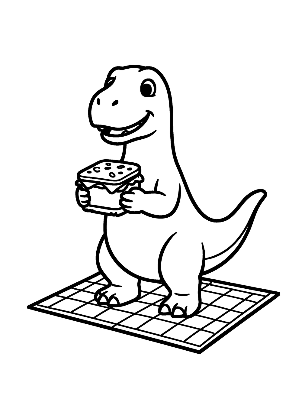A friendly dinosaur holding a sandwich on a picnic blanket