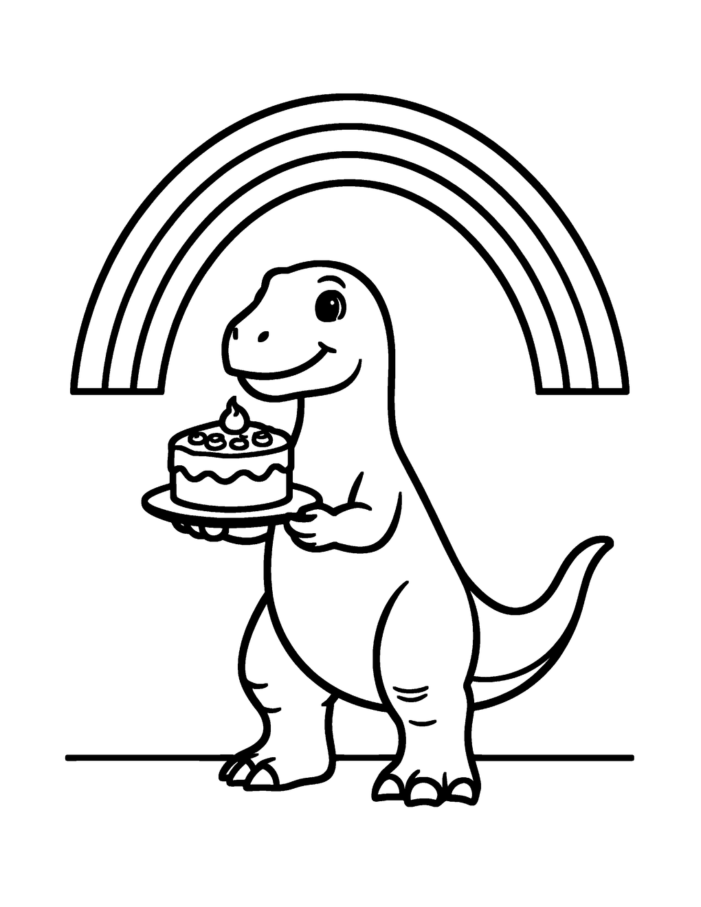 A dinosaur holding a slice of cake under a rainbow