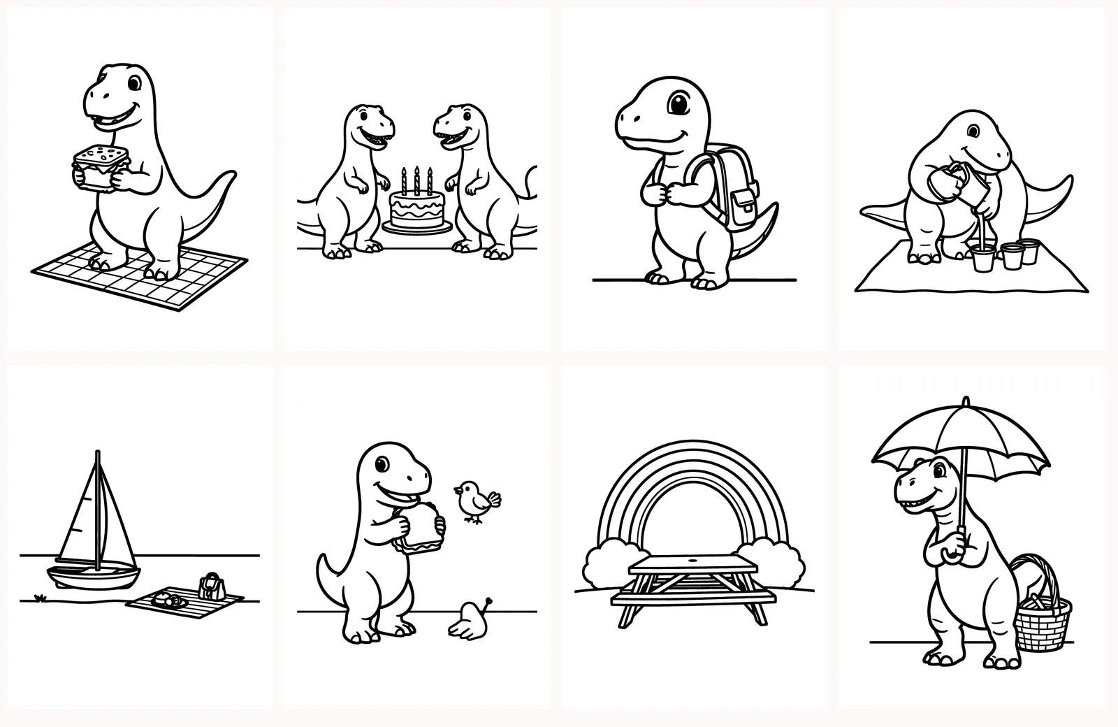 First eight pages of Dinosaur Picnic as they appear in the PDF
