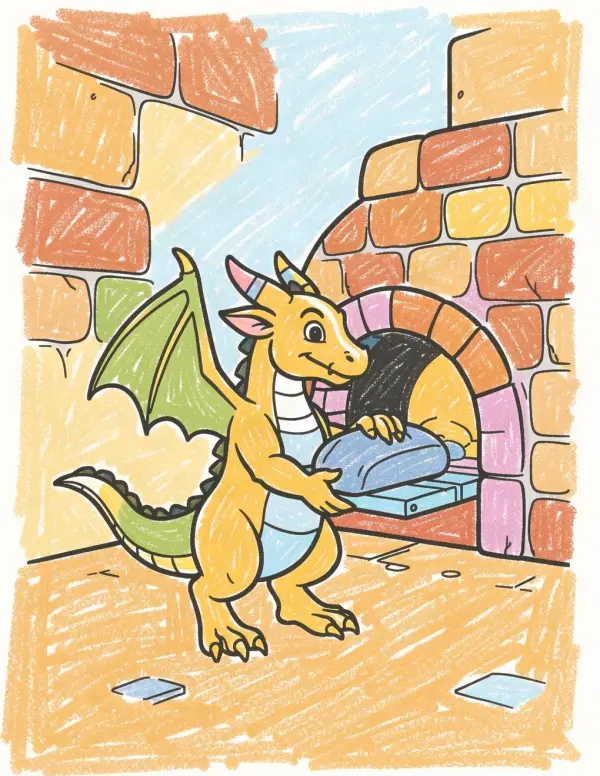 Dragon Bakery — A small dragon pulls a golden loaf from the oven