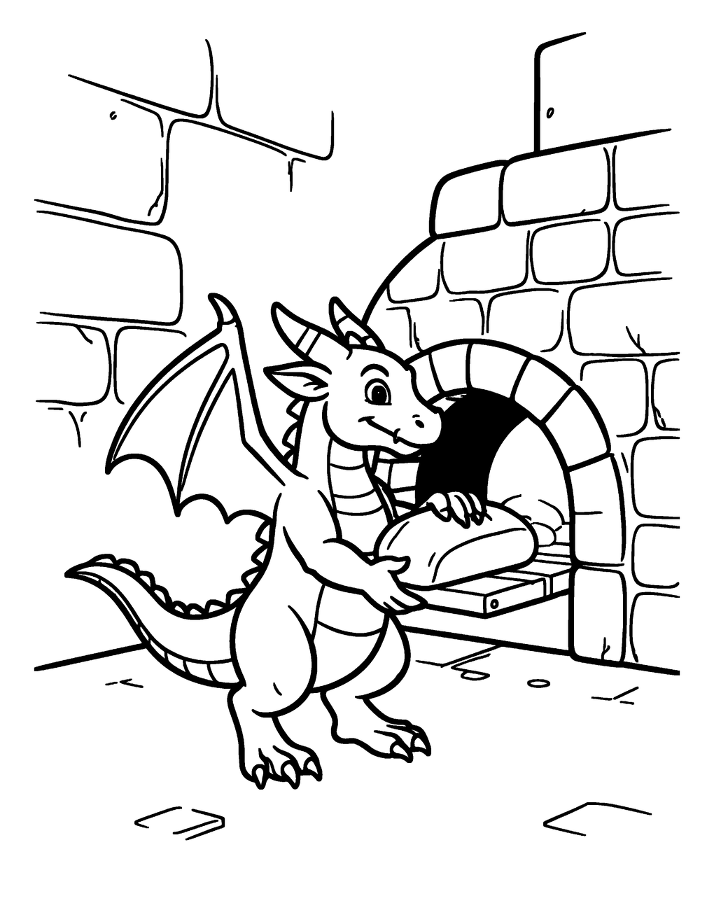 A small dragon pulls a golden loaf from the oven
