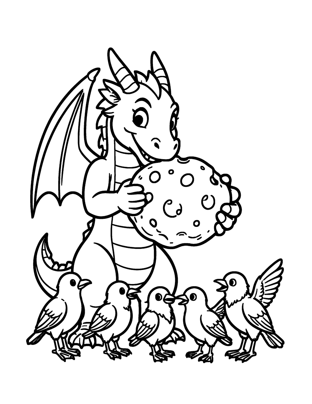 A dragon shares a giant cookie with forest birds