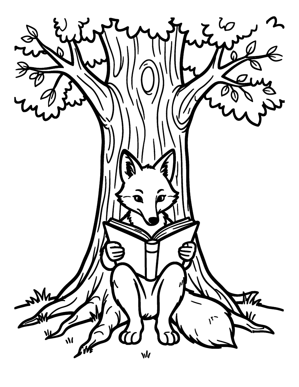 Kids coloring page from CrayonMill: a fox reading under a tree, 1-bit line art