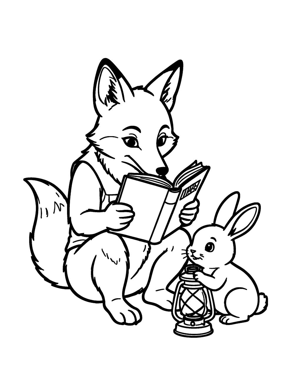 A fox reading storybooks to baby rabbits by lantern light