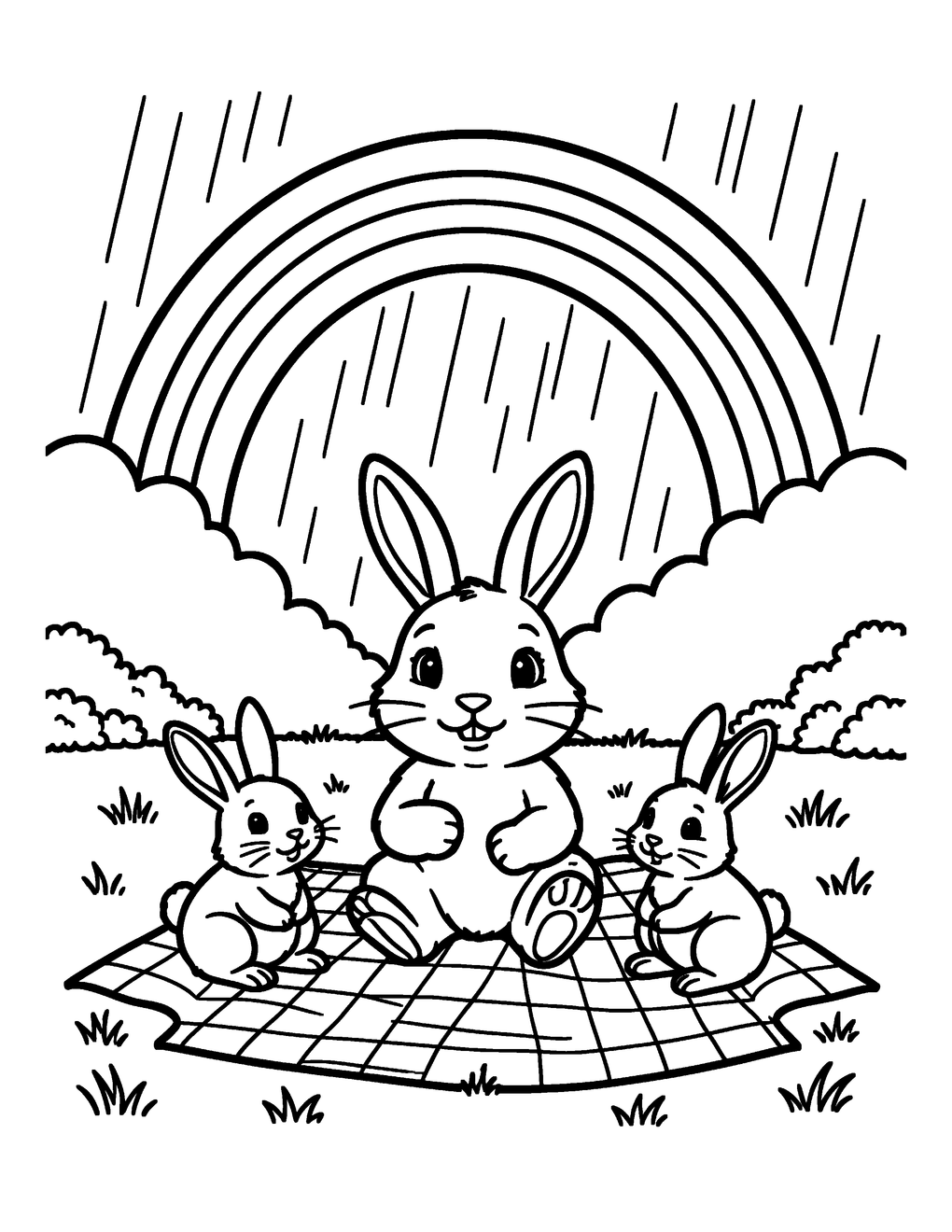 Rabbits having a picnic beneath a rainbow after rain