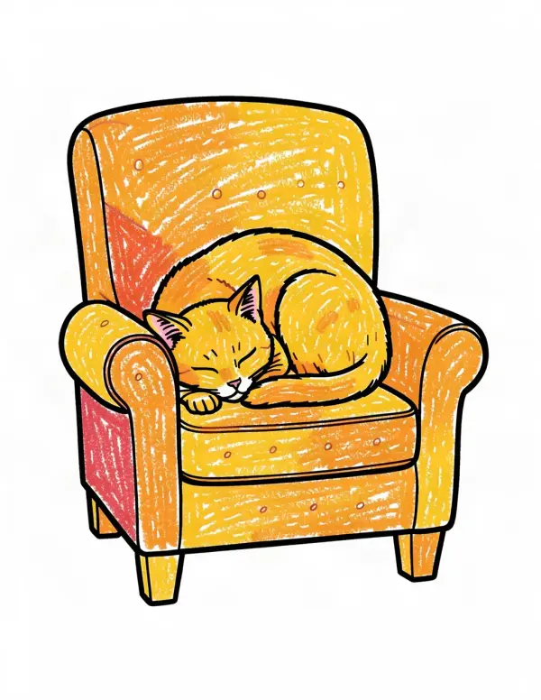 Lakeside Cabin Morning — A cat curled asleep on a cabin armchair