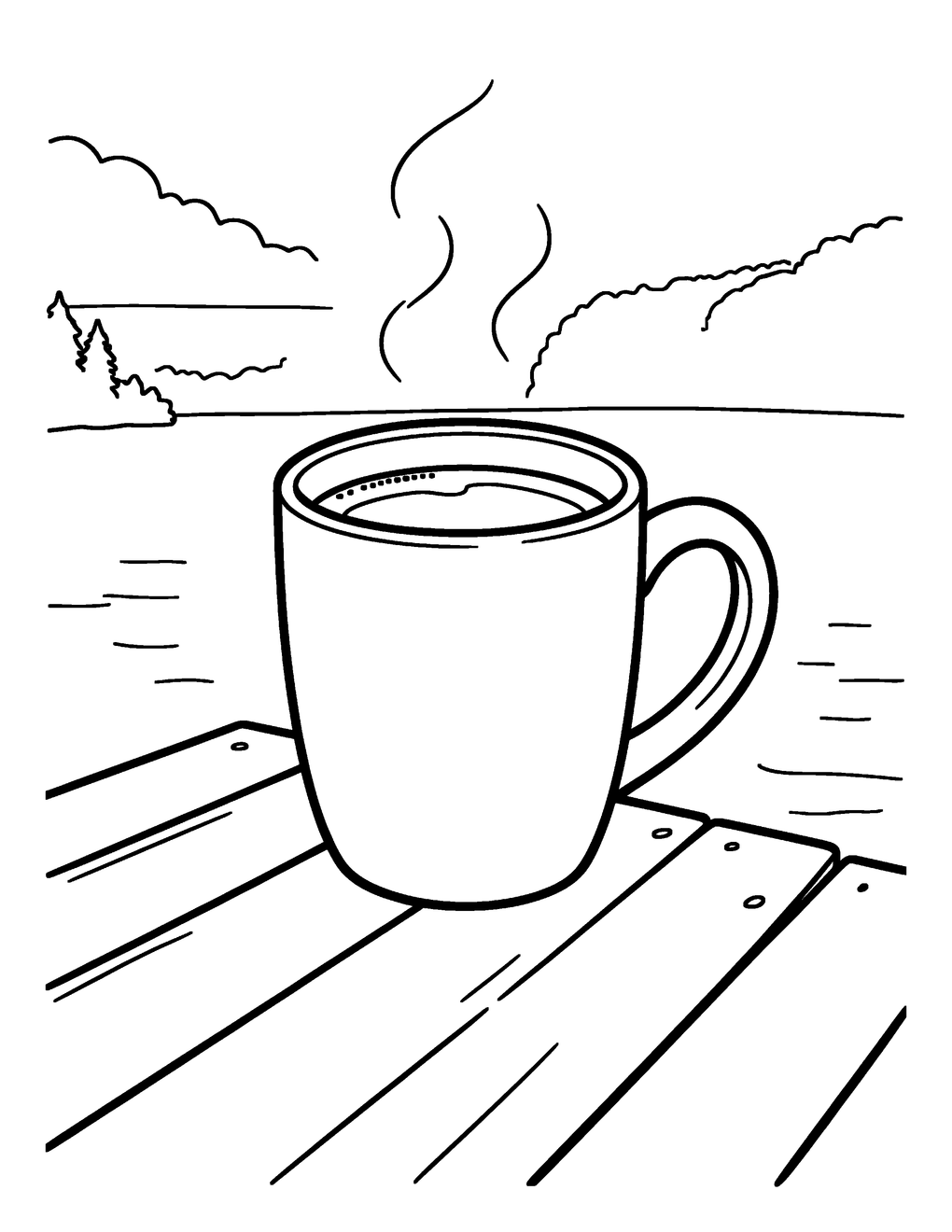 A mug of cocoa on a lakeside dock rail