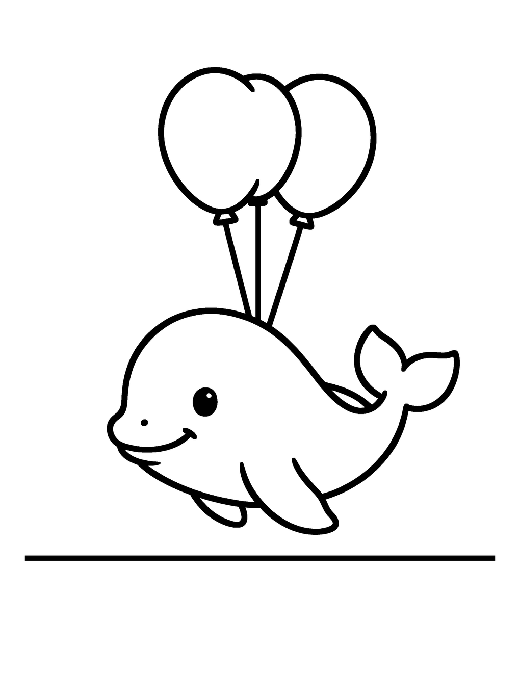 A baby whale floating happily with three balloons