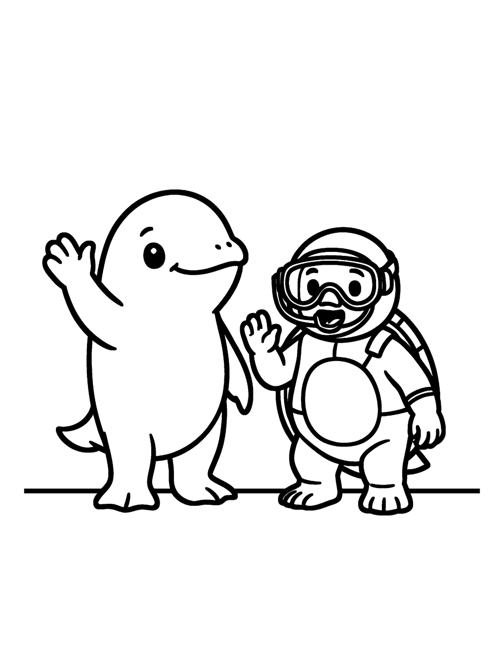 A baby whale and a turtle diver waving hello