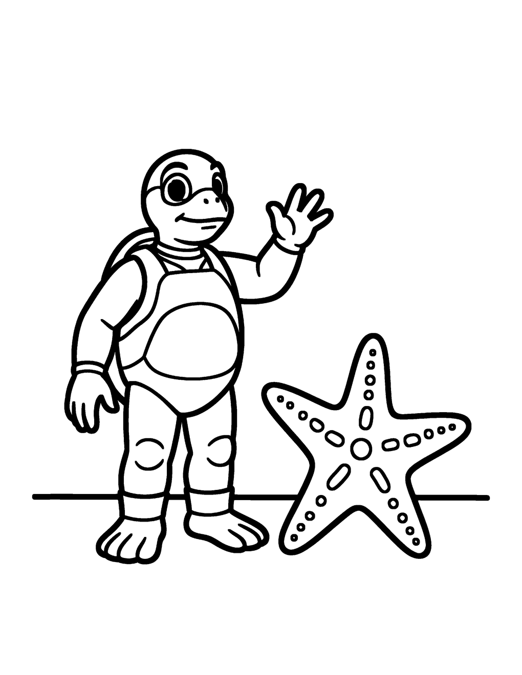 A turtle diver waving next to a starfish