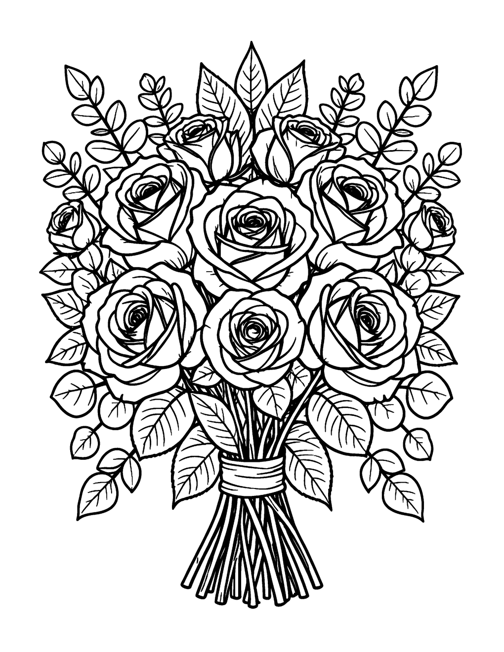 A symmetrical bouquet of pressed roses and eucalyptus leaves