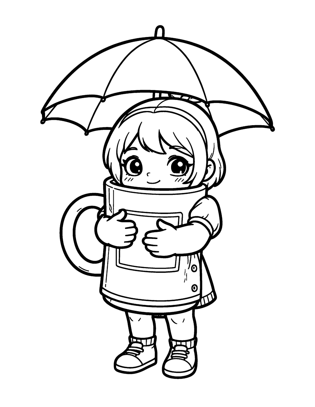 A kawaii character hugging a giant mug under an umbrella