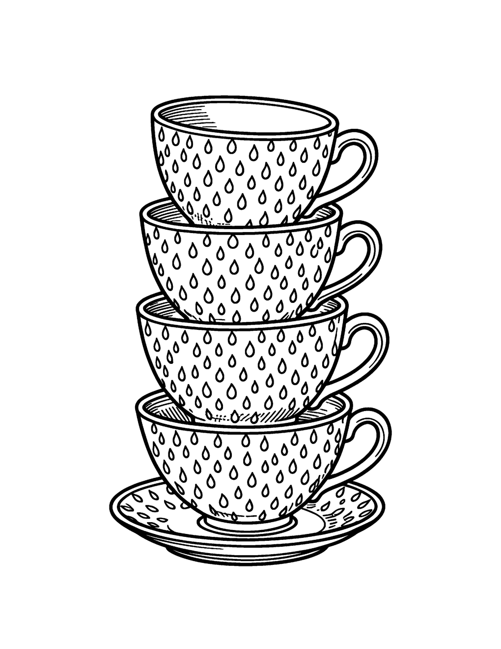 A stack of teacups patterned with tiny raindrops