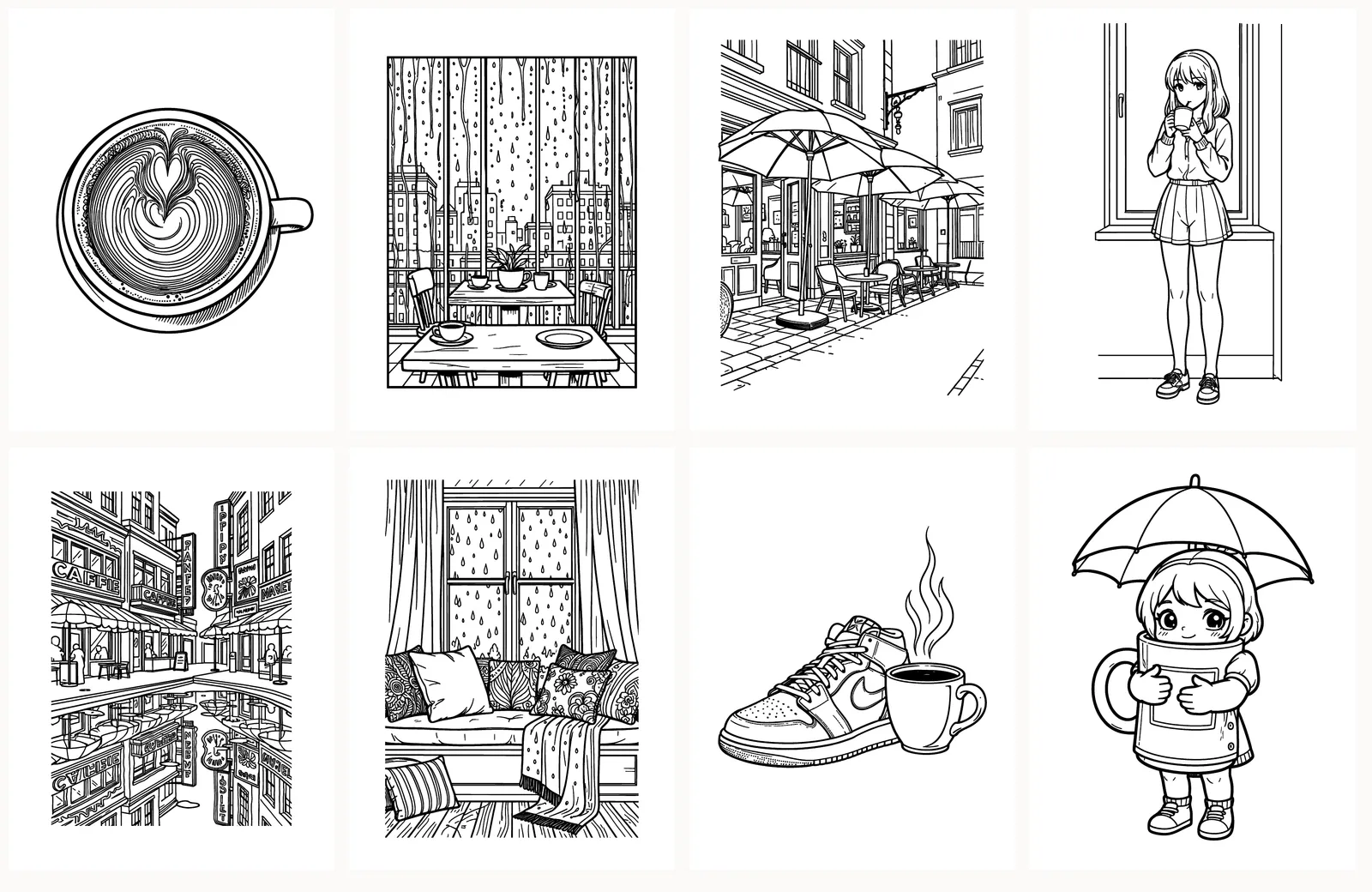 First eight pages of Rainy City Cafés as they appear in the PDF