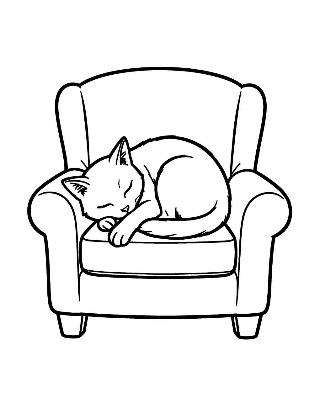 A cat curled asleep on a plush armchair
