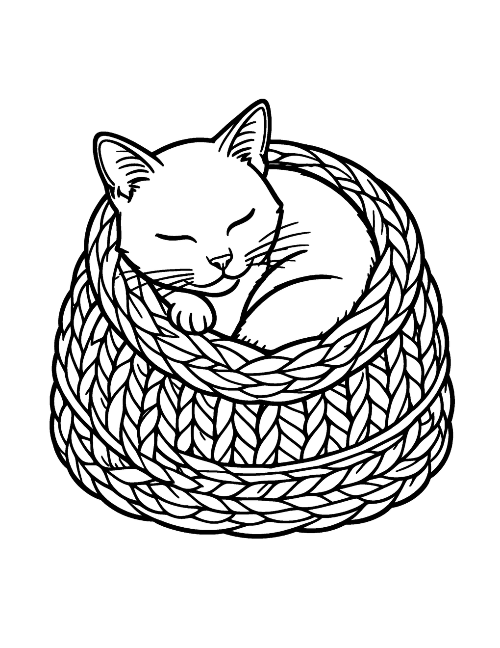 A sleeping cat curled inside a knitted blanket