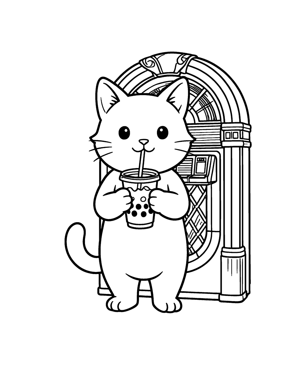 A kawaii cat sipping boba tea beside a jukebox