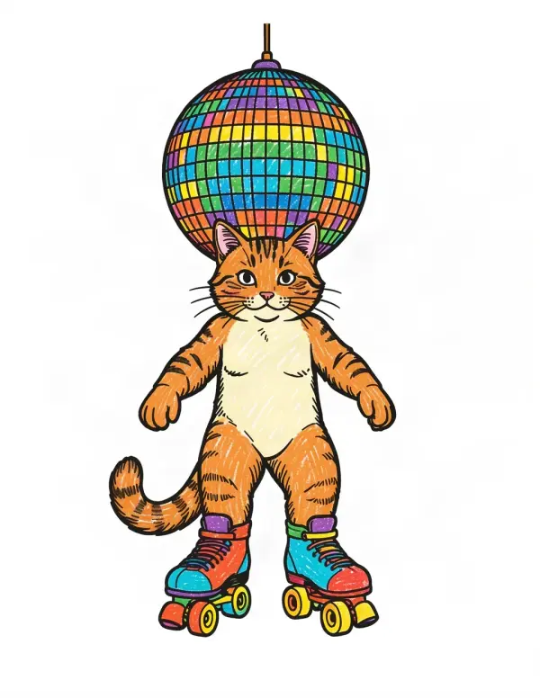 Roller Rink Night — A cat cruising on roller skates under a disco ball