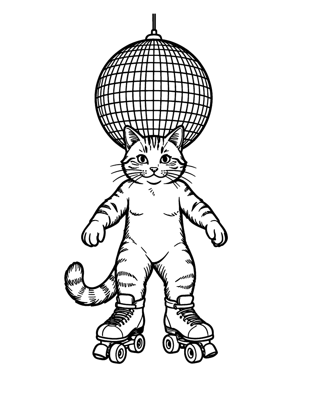 A cat cruising on roller skates under a disco ball