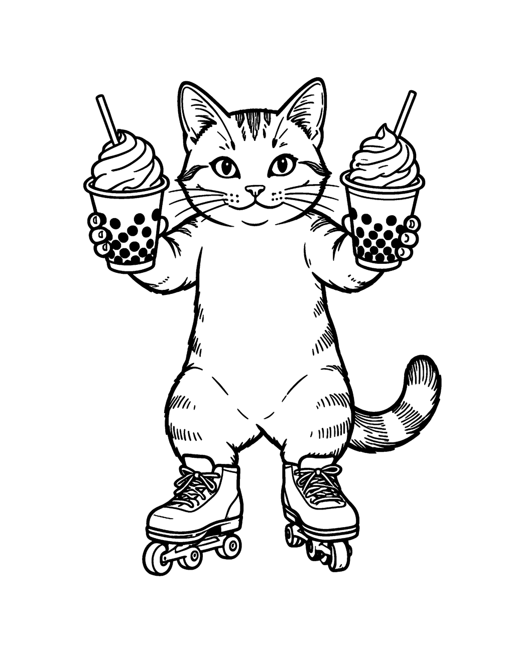 A cat balancing boba tea cups while skating