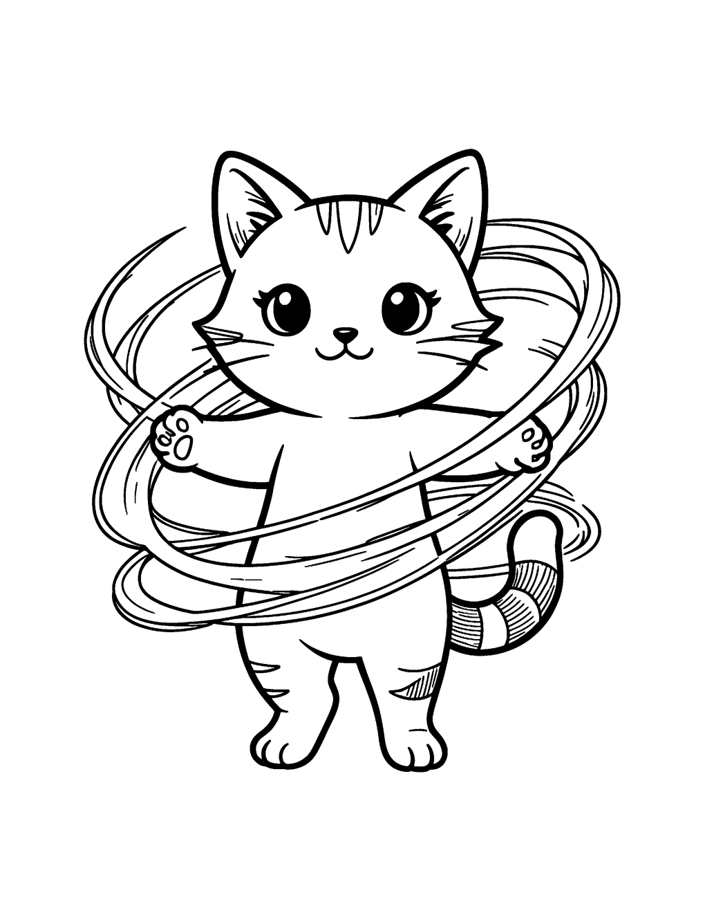 A kawaii cat character spinning with glowing ribbons