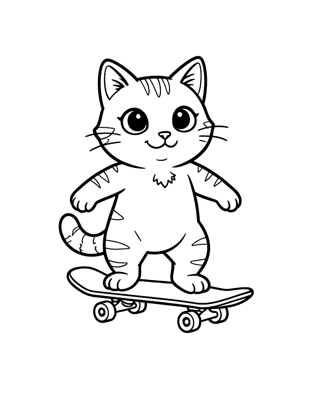 A kawaii cat balancing on a skateboard tail