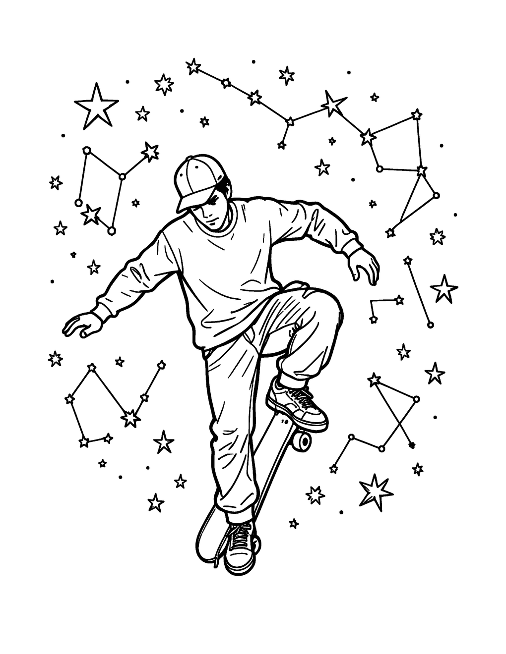 A skater doing a kickflip surrounded by star constellations