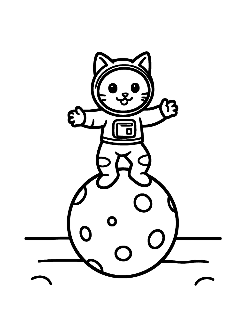 A kitten astronaut bouncing on a bumpy little planet