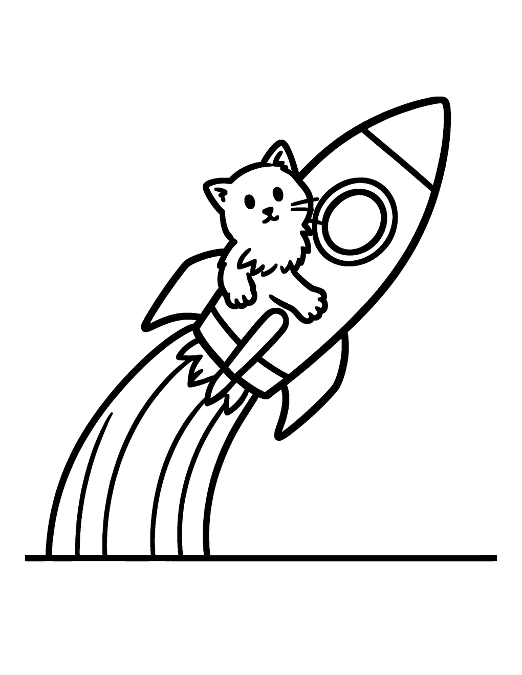 A kitten in a rocket flying through a rainbow trail