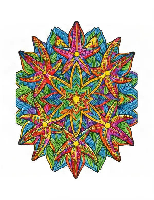 Tide Pool Studies — Symmetrical starfish arranged in a radial mandala pattern
