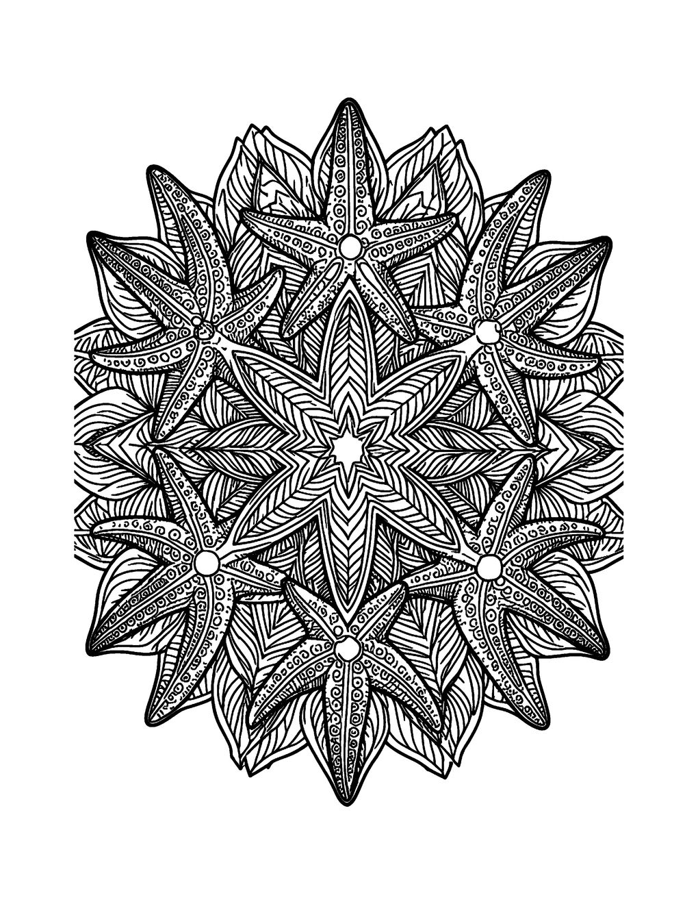 Symmetrical starfish arranged in a radial mandala pattern