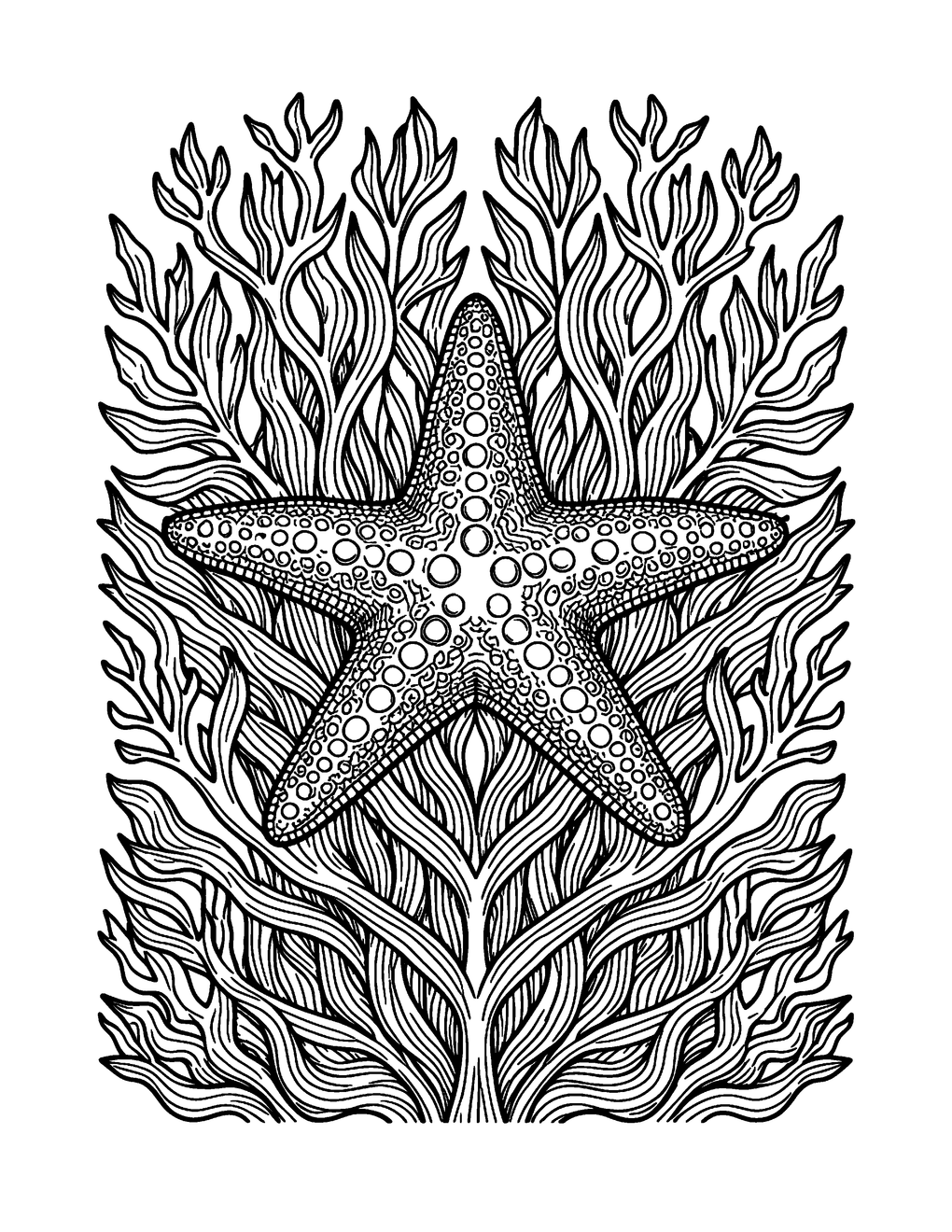 Starfish resting atop layered ribbons of kelp