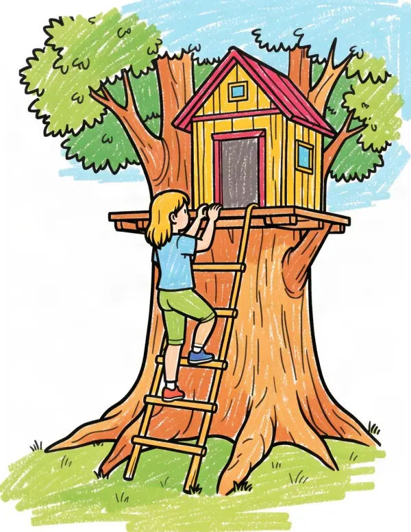 Treehouse Detectives — A girl climbs a rope ladder to the treehouse