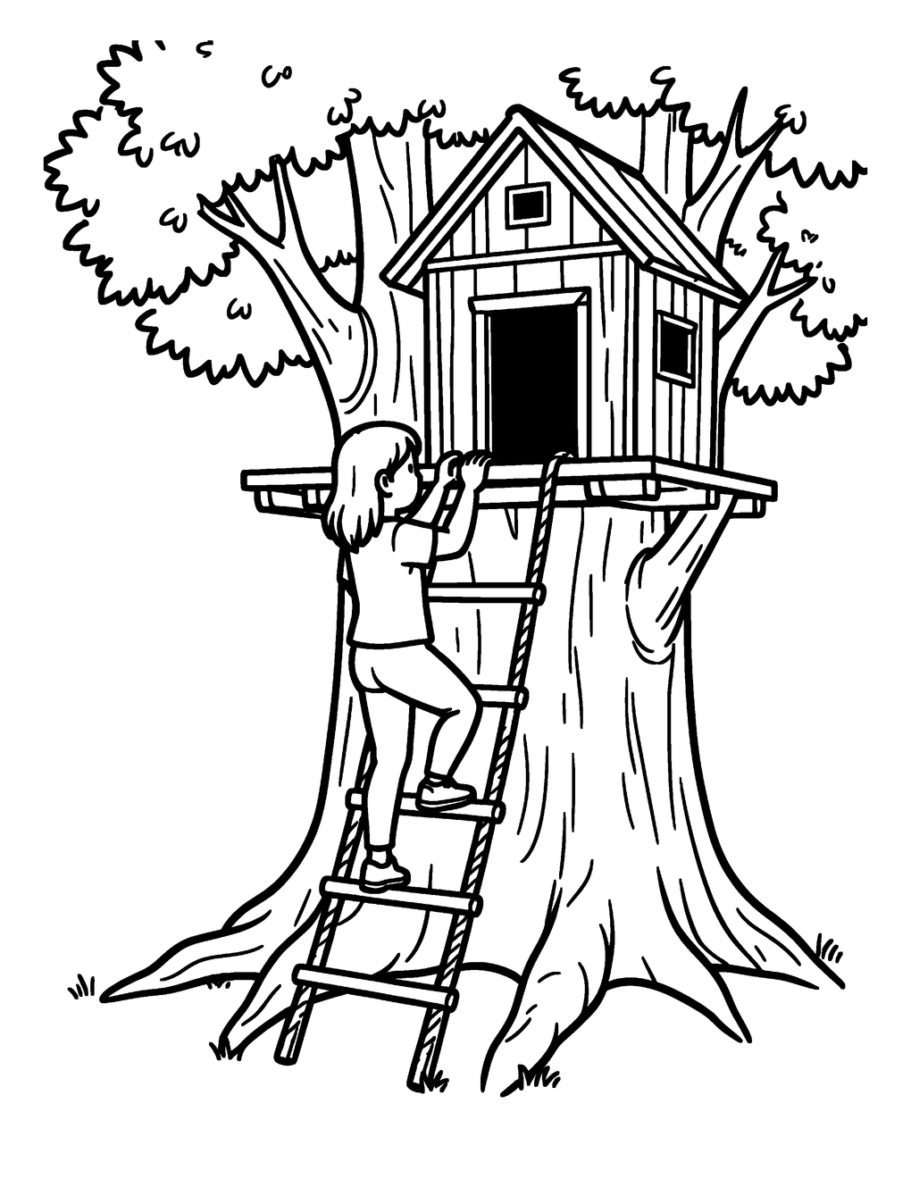 A girl climbs a rope ladder to the treehouse