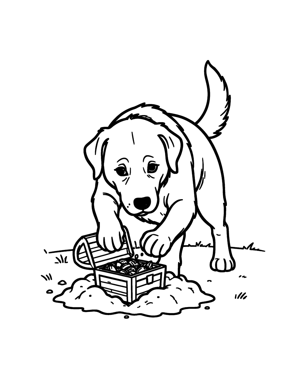 A dog digs up a small buried treasure box
