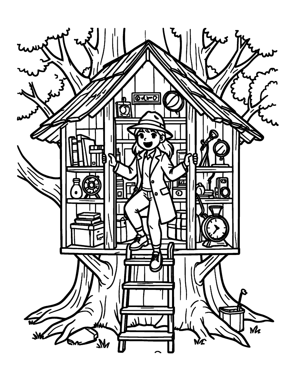 A girl climbs into a treehouse filled with detective gadgets