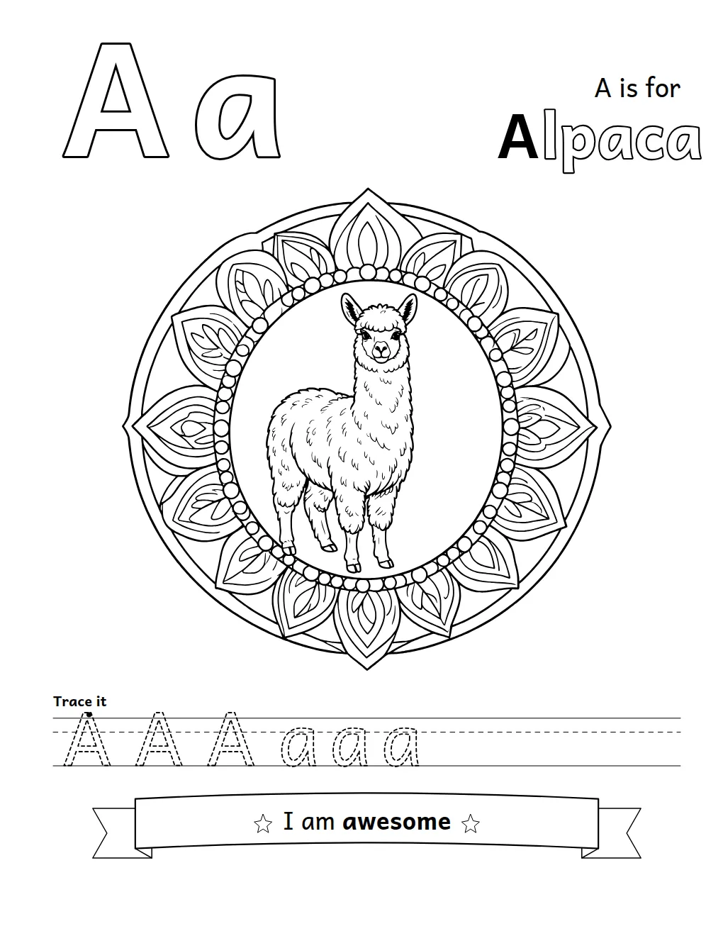 Letter A page: an alpaca inside a mandala, trace-it letters and the affirmation "I am awesome"