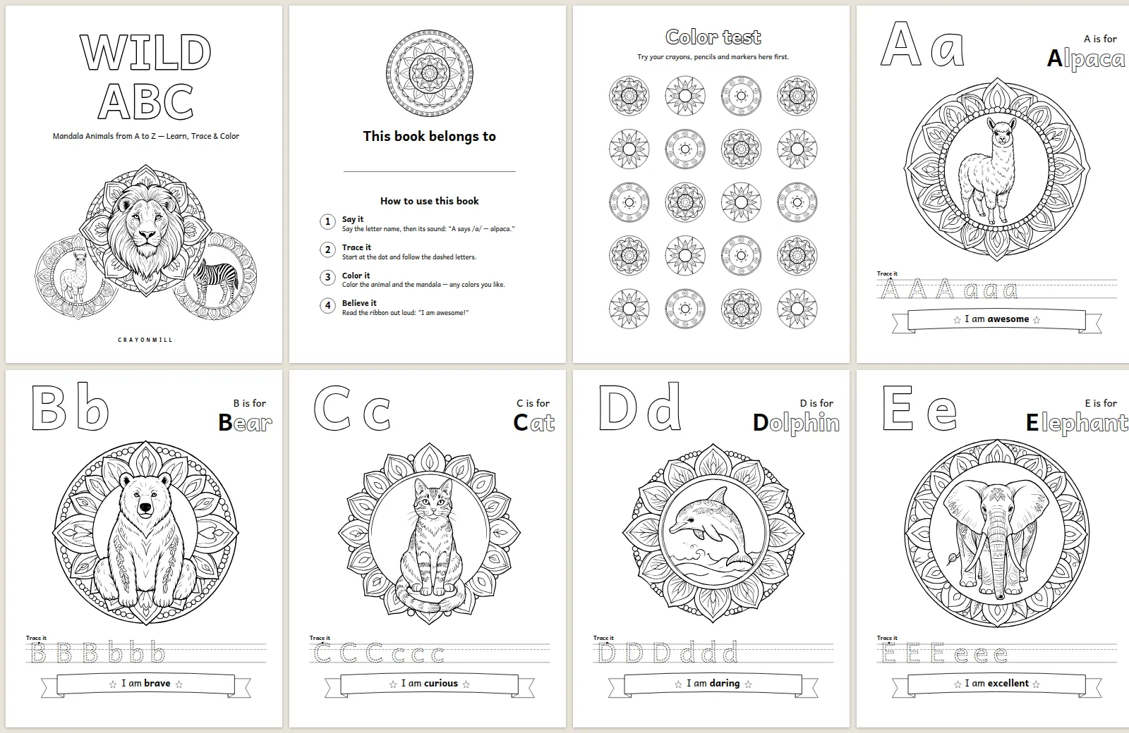 First eight printed pages of Wild ABC as they appear in the PDF