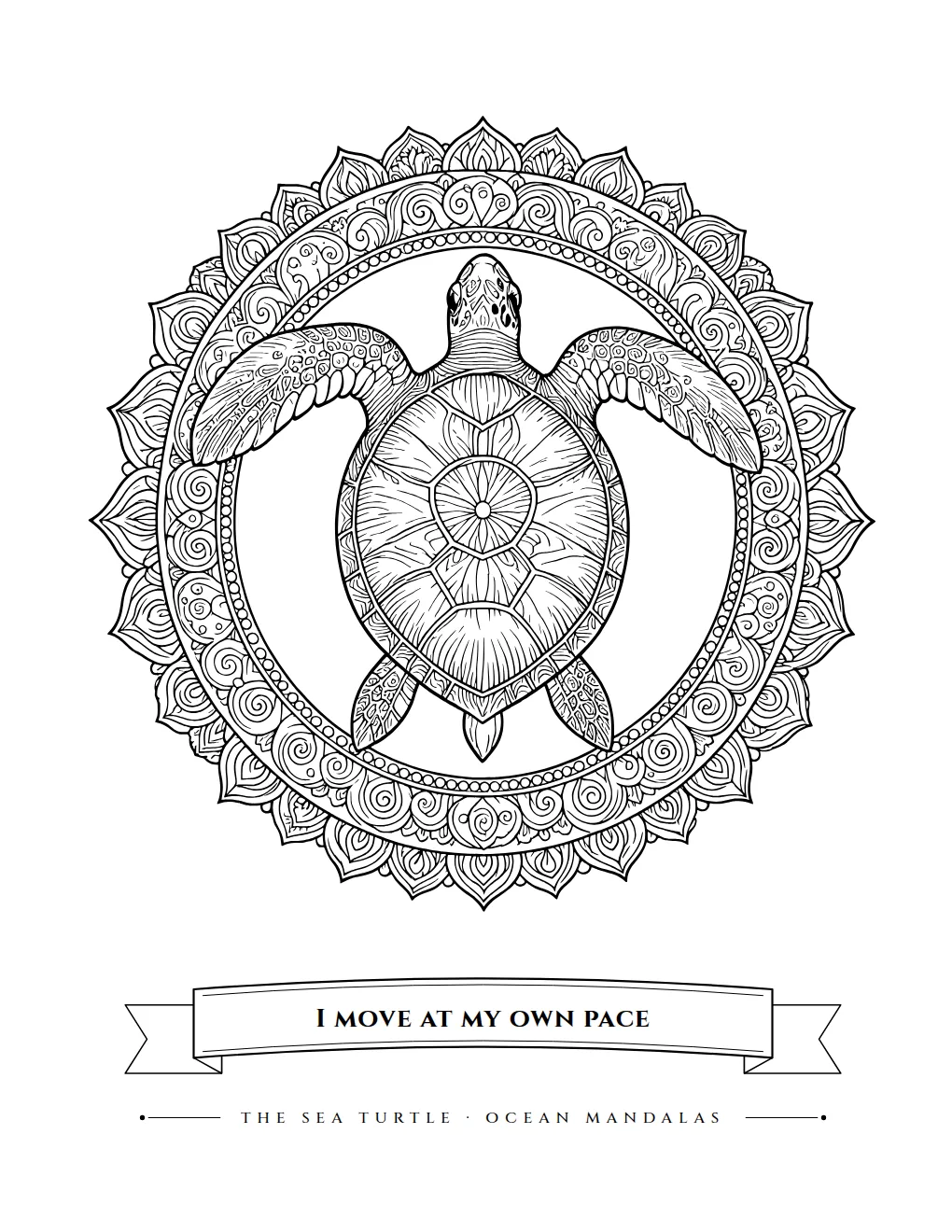 Sea turtle seen from above inside an ocean-wave mandala, mantra "I move at my own pace"