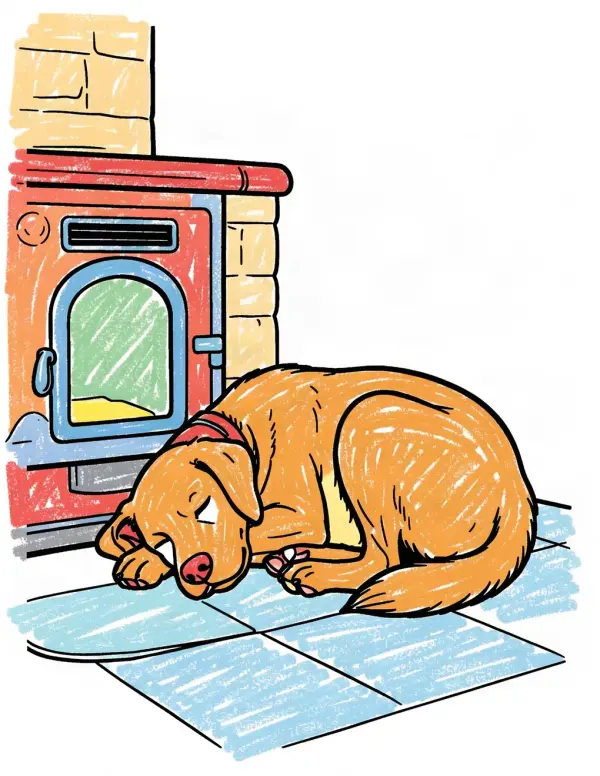 Winter Knitting Corner — A sleeping dog curled by the stove