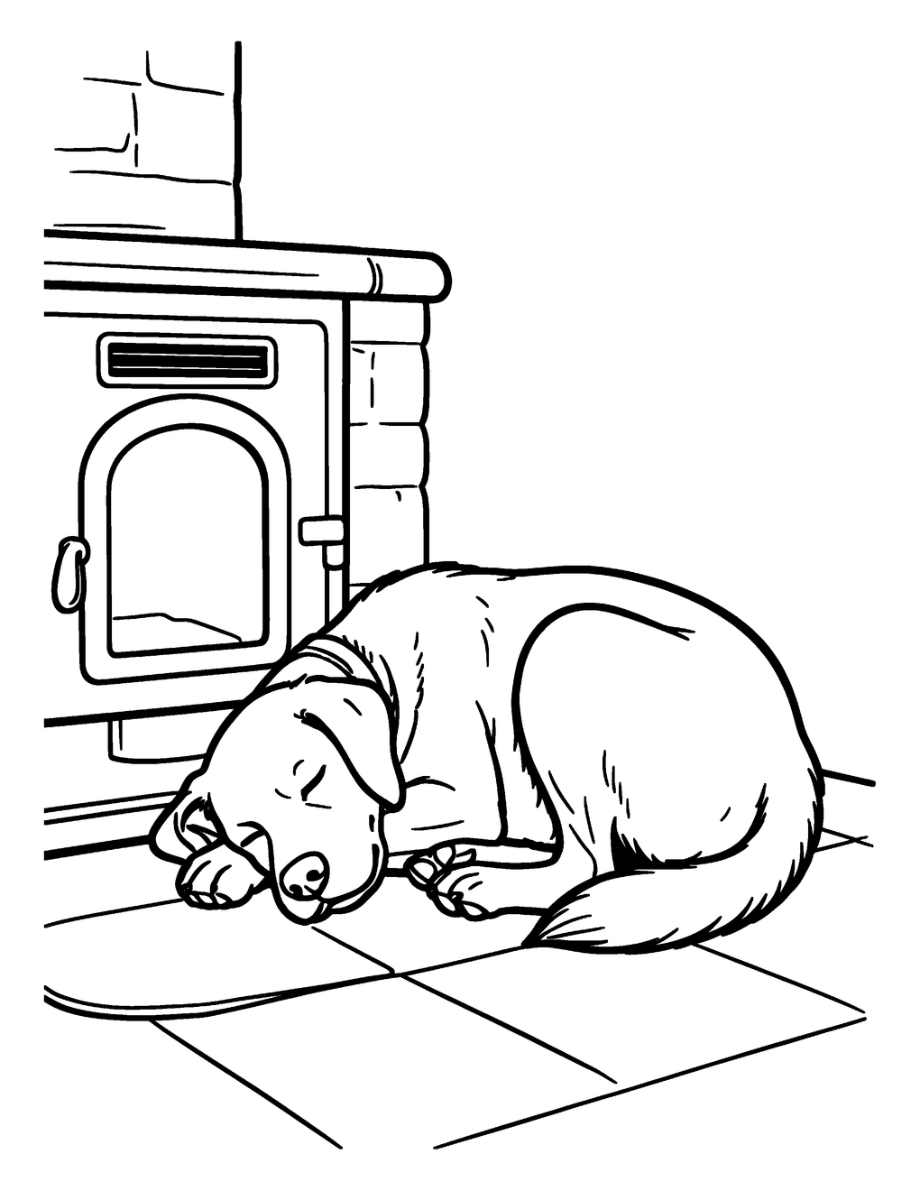 A sleeping dog curled by the stove